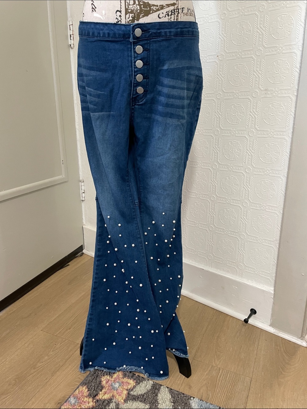 High-Rise Dark Blue Pearl-Detail Flare Jeans